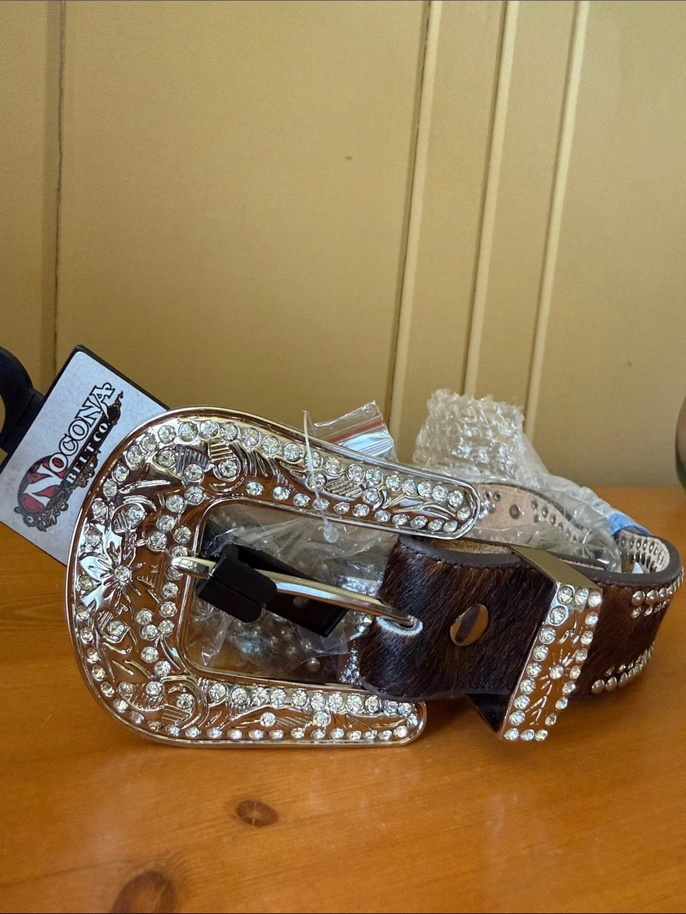 Nocona Hair-On Leather Western Belt – Rhinestone Studded – NWT